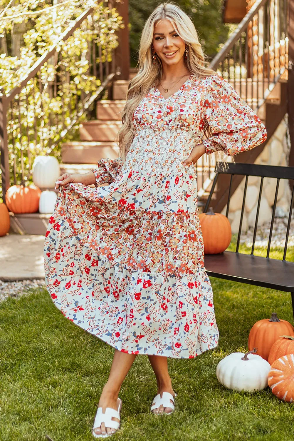 🌼 Full Size Printed V-Neck Lantern Sleeve Midi Dress 🌼