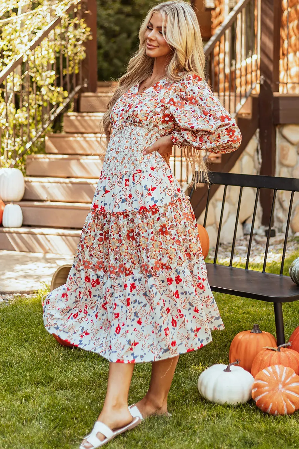 🌼 Full Size Printed V-Neck Lantern Sleeve Midi Dress 🌼