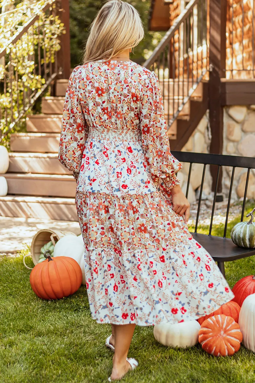 🌼 Full Size Printed V-Neck Lantern Sleeve Midi Dress 🌼