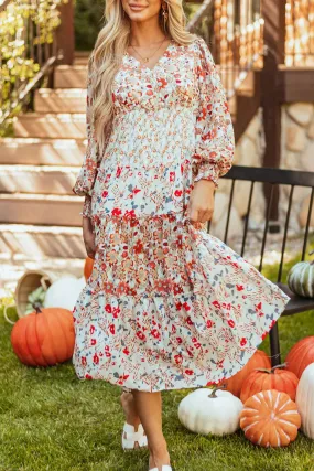 🌼 Full Size Printed V-Neck Lantern Sleeve Midi Dress 🌼