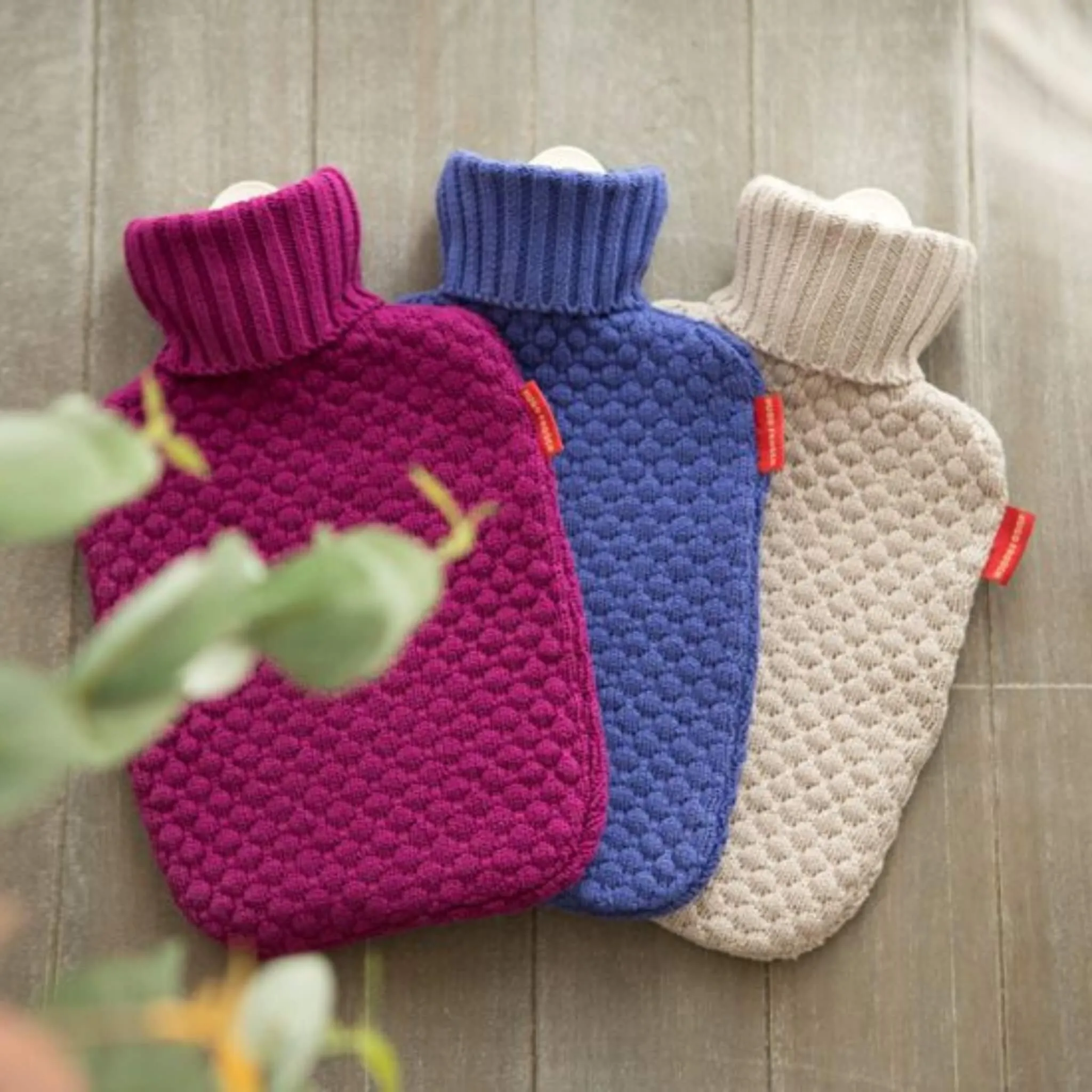 1.8 Litre Classic Plant Based Hot Water Bottle with Raspberry Knit Organic Cotton Cover (rubberless)