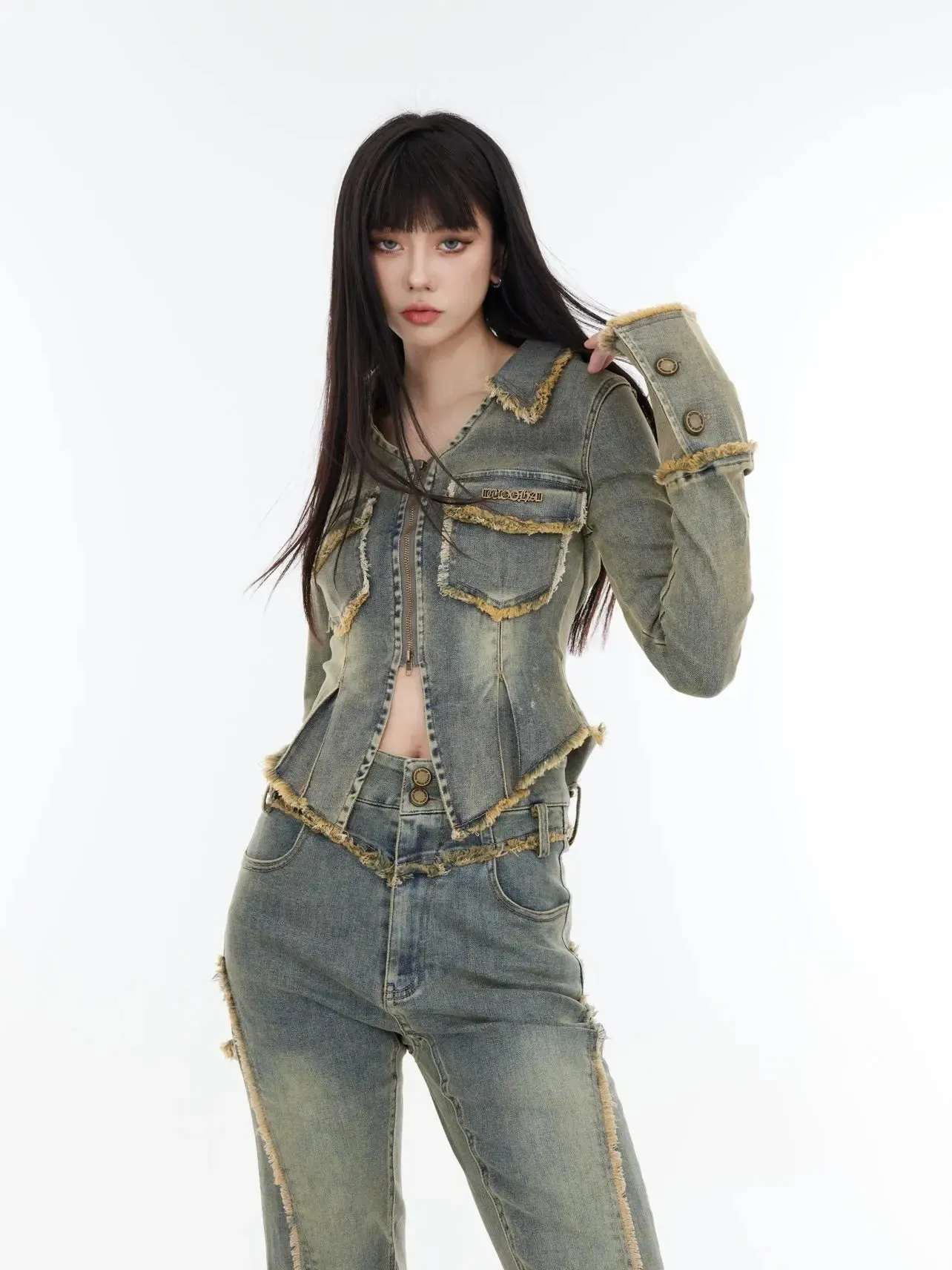 【23s August.】Slits Denim Tops Flared Jeans