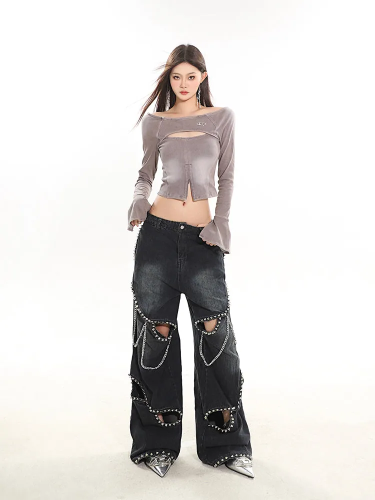 【24s February.】Metal Rivet Chain Cutout Jeans