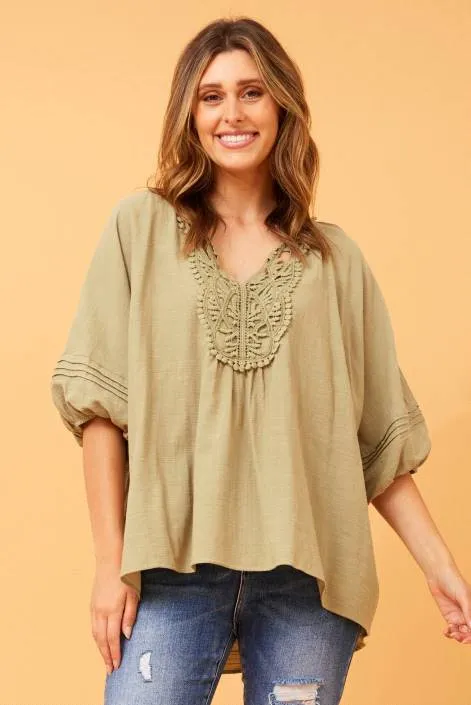 3/4 Sleeve top With Tie Up Front  - Sage