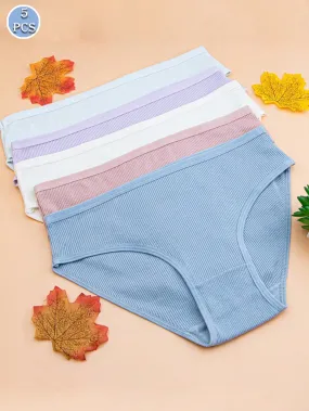 5pcs Women's Breathable And Sexy Cotton Mid-Rise Threaded Triangle Panties In Different Colors