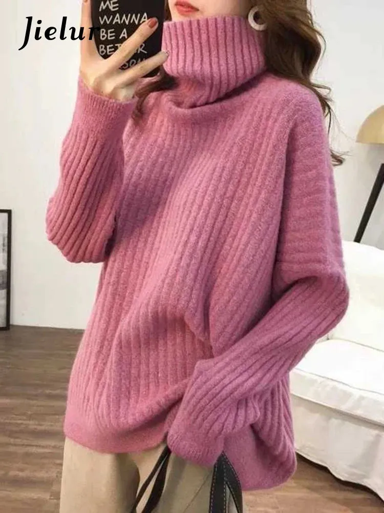 9 Colors Turtleneck Loose Sweater Women Autumn Winter Knitted Top Solid Color Pullovers Long Sleeve Casual Blue Sweaters