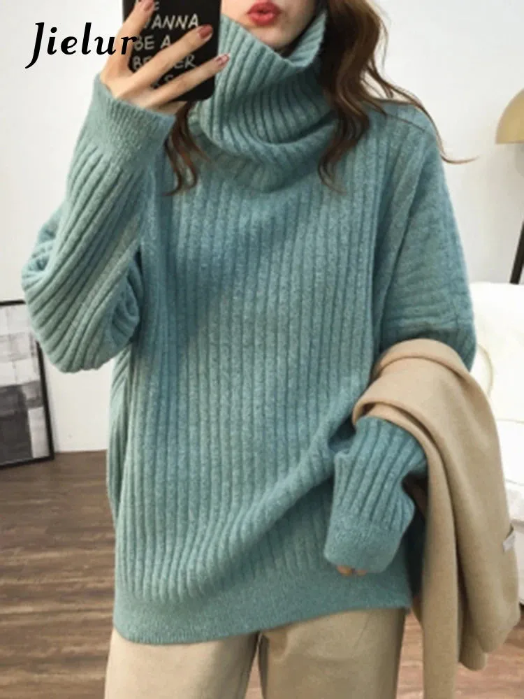 9 Colors Turtleneck Loose Sweater Women Autumn Winter Knitted Top Solid Color Pullovers Long Sleeve Casual Blue Sweaters