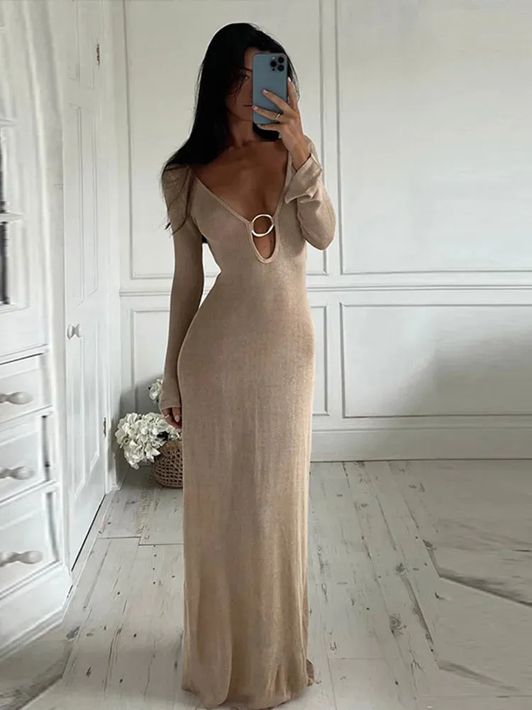 A&A Deep V Neck Long Sleeve Backless Knitted Maxi Dress