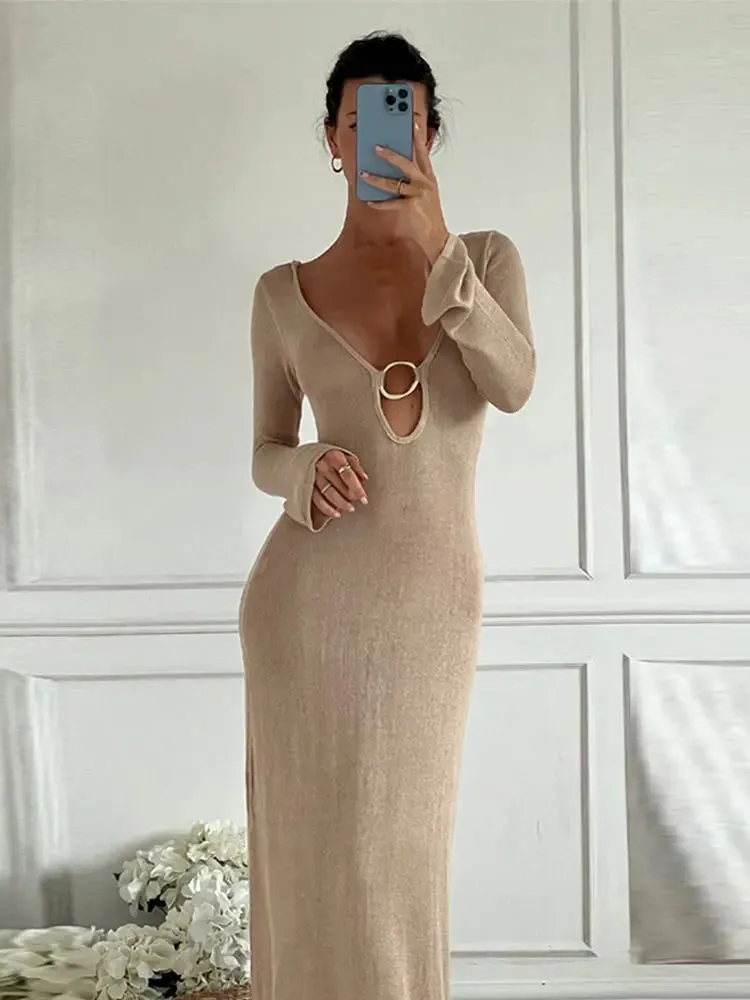 A&A Deep V Neck Long Sleeve Backless Knitted Maxi Dress