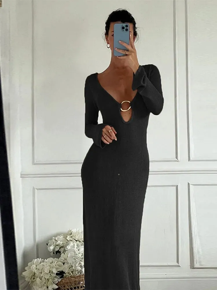 A&A Deep V Neck Long Sleeve Backless Knitted Maxi Dress