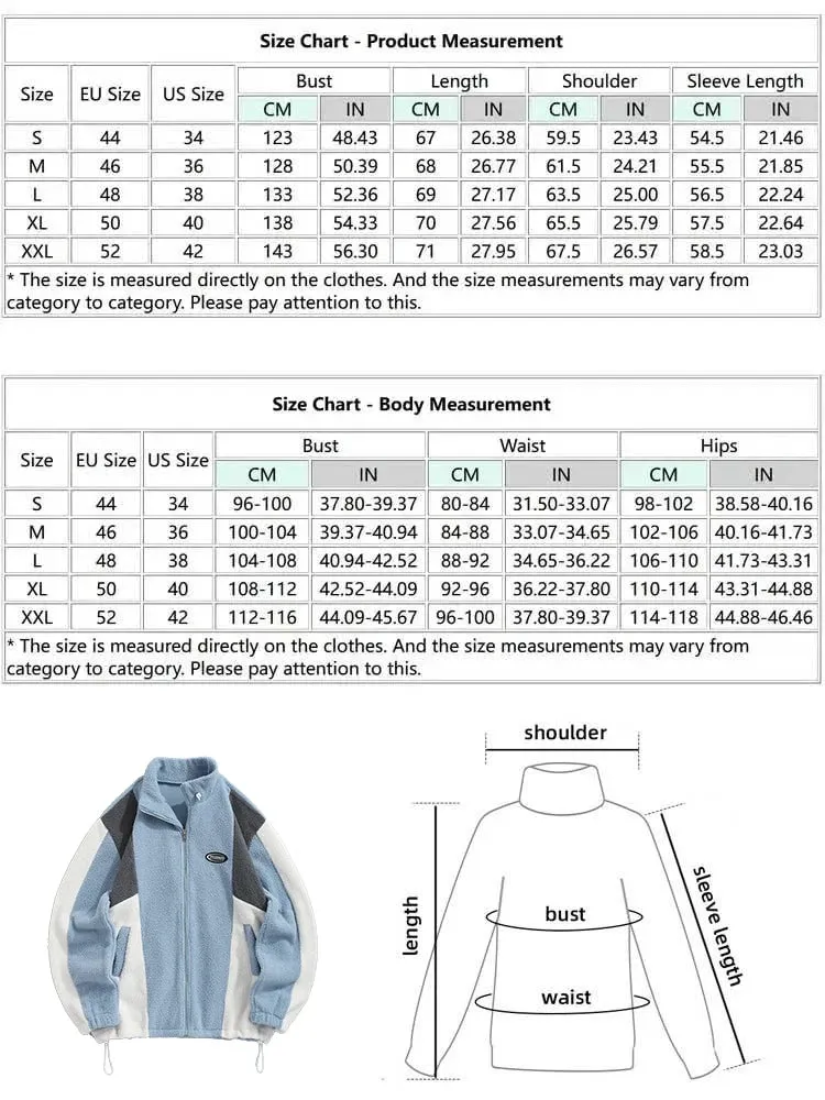 Aidase Men's Casual Colorblock Fleece Fluffy Zip Up Stand Collar Pocket Toggle Drawstring Applique Design Jacket