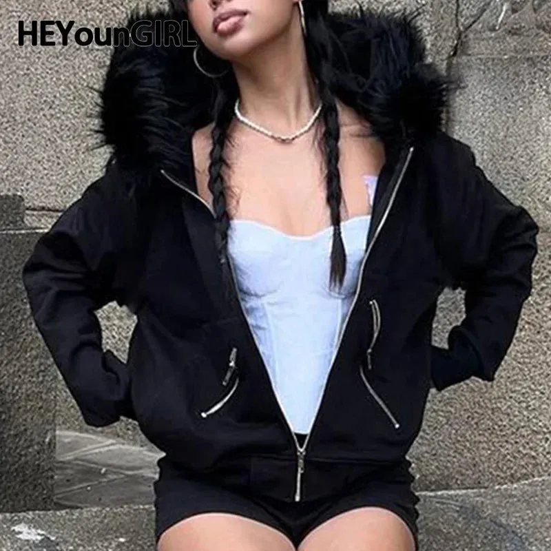 Amozae Large Fur Collar Hooded Zipper Sweatshirt Women's Minimalist Harajuku Crop Jacket Winter Outfits Letter Streetwear