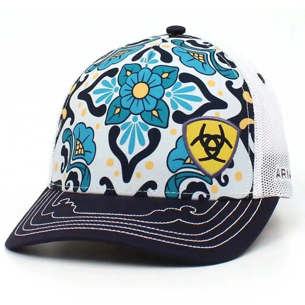 ARIAT Blue Floral Design (Navy/White) - Trucker Cap