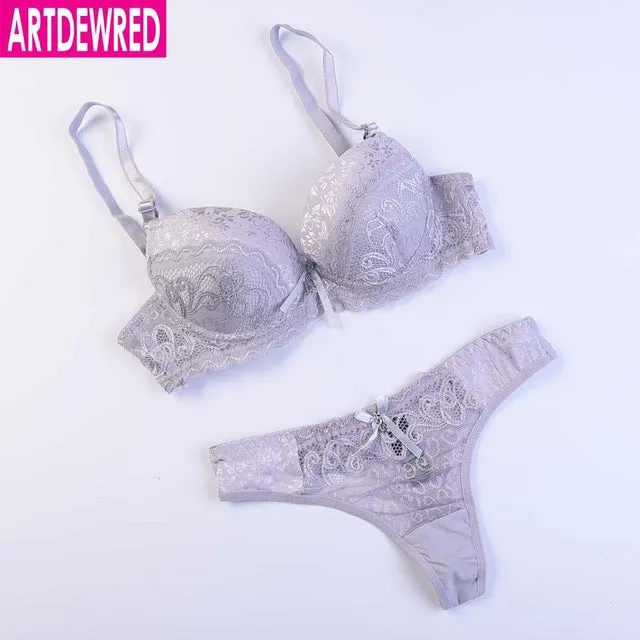 ARTDEWRED Brand 32-38 B Cup Sexy Lace Bralet Women Push Up Bra Sets Print Bra And Panty French Romantic Intimate Underwear Set