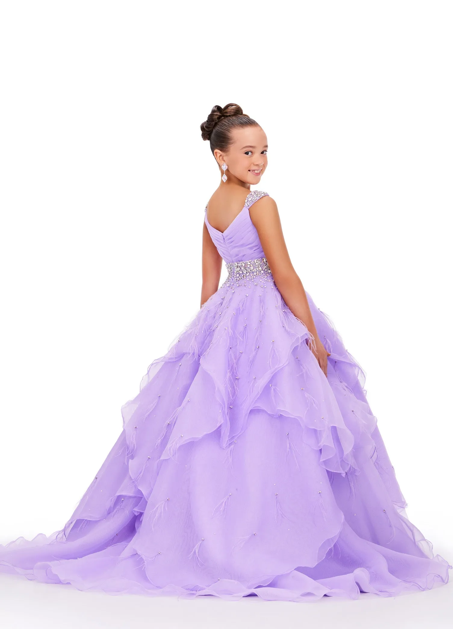 Ashley Lauren Kids 8219 Size 8 Black Ivory Girls Layered Feather Pageant Dress ballgown Embellished V Neck Gown