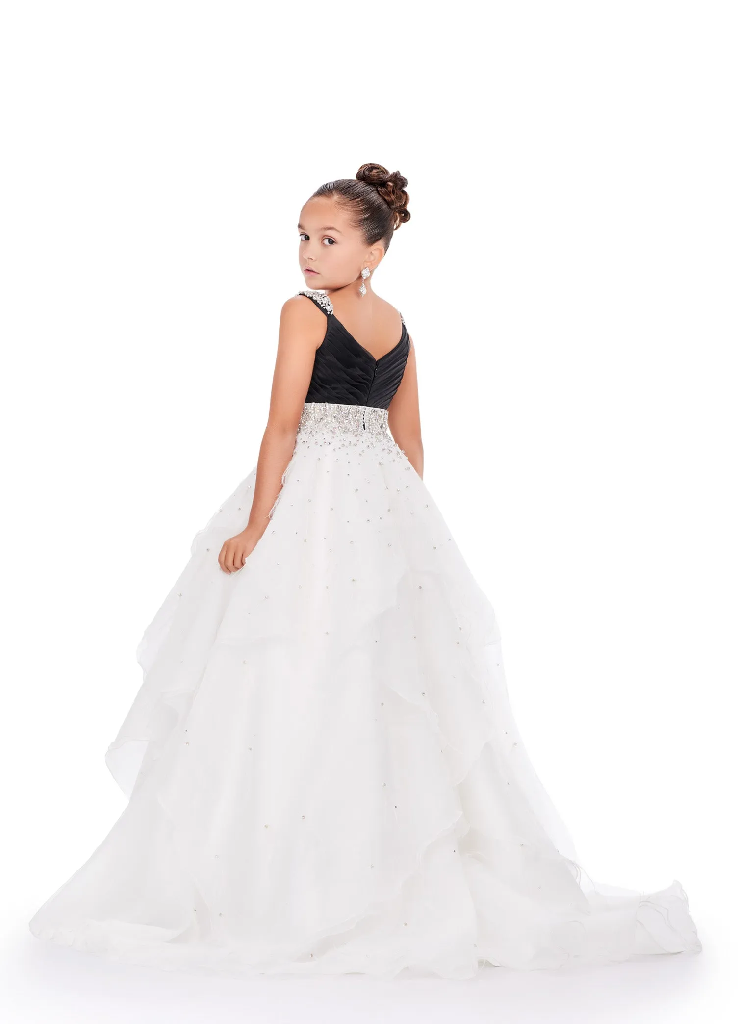 Ashley Lauren Kids 8219 Size 8 Black Ivory Girls Layered Feather Pageant Dress ballgown Embellished V Neck Gown