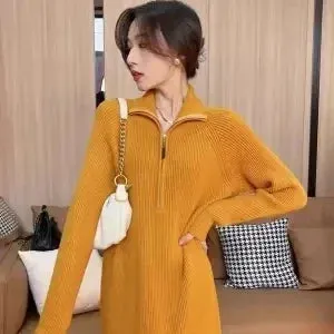 Autumn Knitted Sweater Warm Dress Women Korean Zip Oversize Vintgae Casual Loose Elegant Long Sleeve Midi Dresses