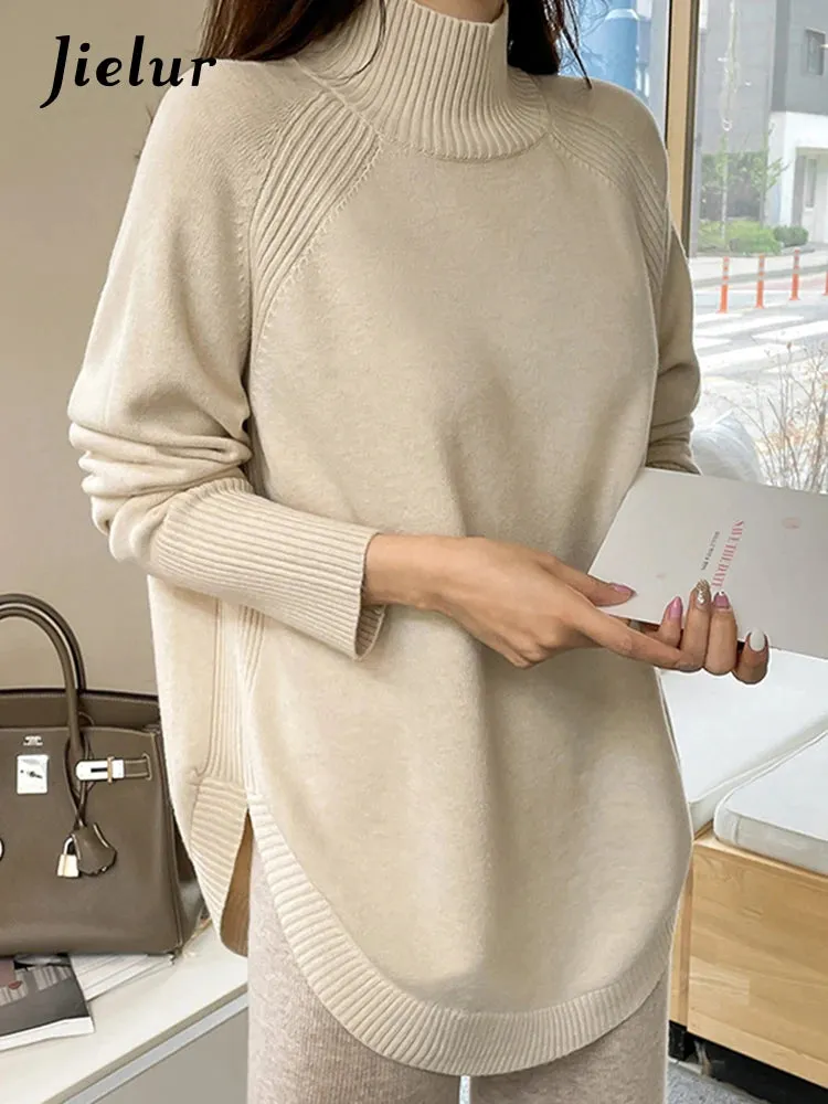 Autumn Winter Irregular Women's Turtleneck Sweater Korean New Casual Loose Sweaters Long Sleeve Knitted Pullover Female