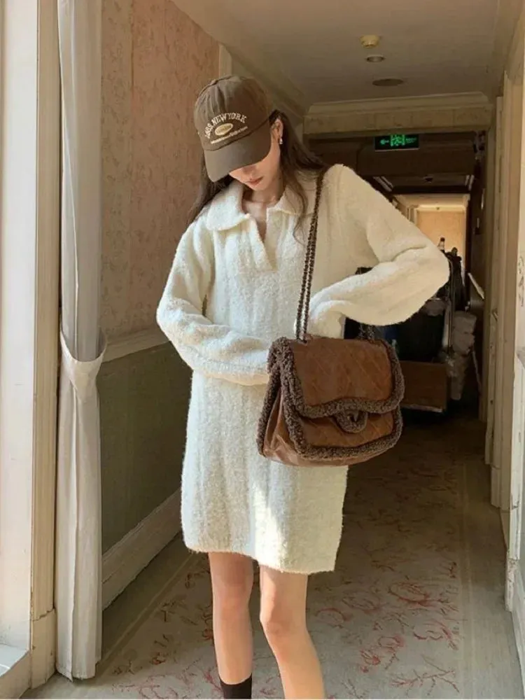 Autumn Winter Warm Knitted Sweater White Mini Dress Women Vintage Elegant Long Sleeve Short Dresses Y2k Female