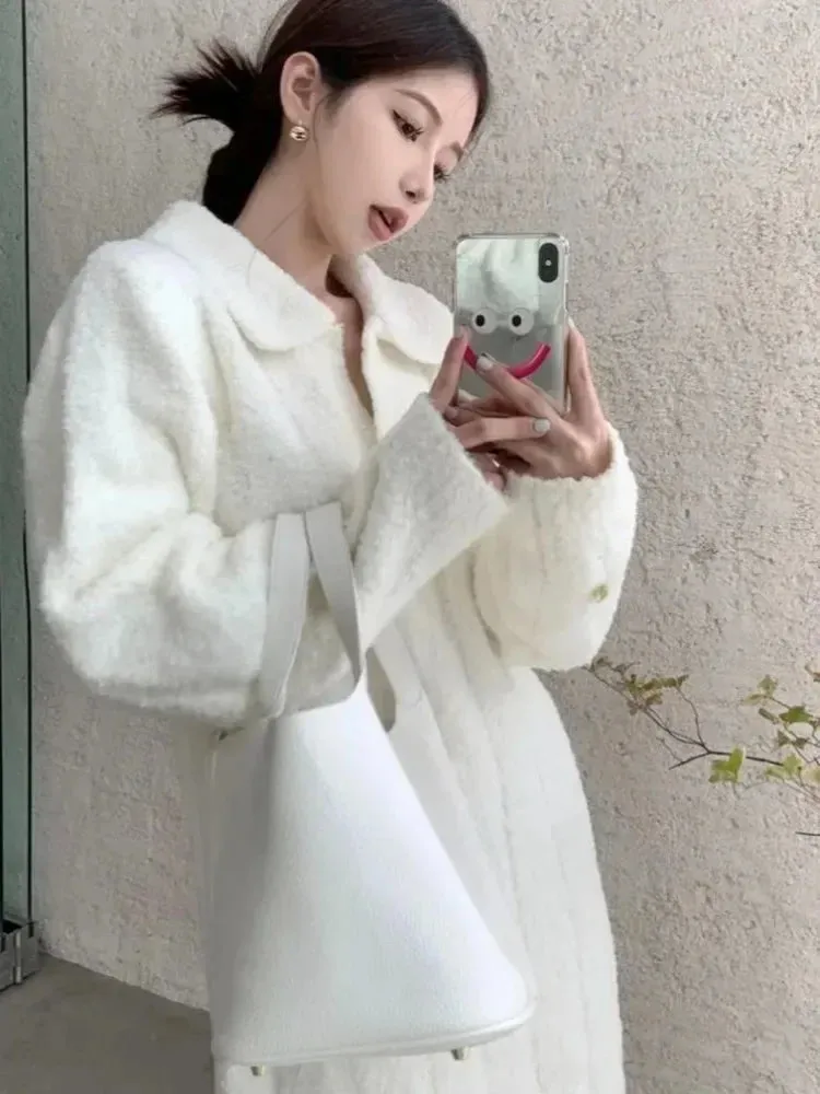 Autumn Winter Warm Knitted Sweater White Mini Dress Women Vintage Elegant Long Sleeve Short Dresses Y2k Female