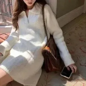 Autumn Winter Warm Knitted Sweater White Mini Dress Women Vintage Elegant Long Sleeve Short Dresses Y2k Female