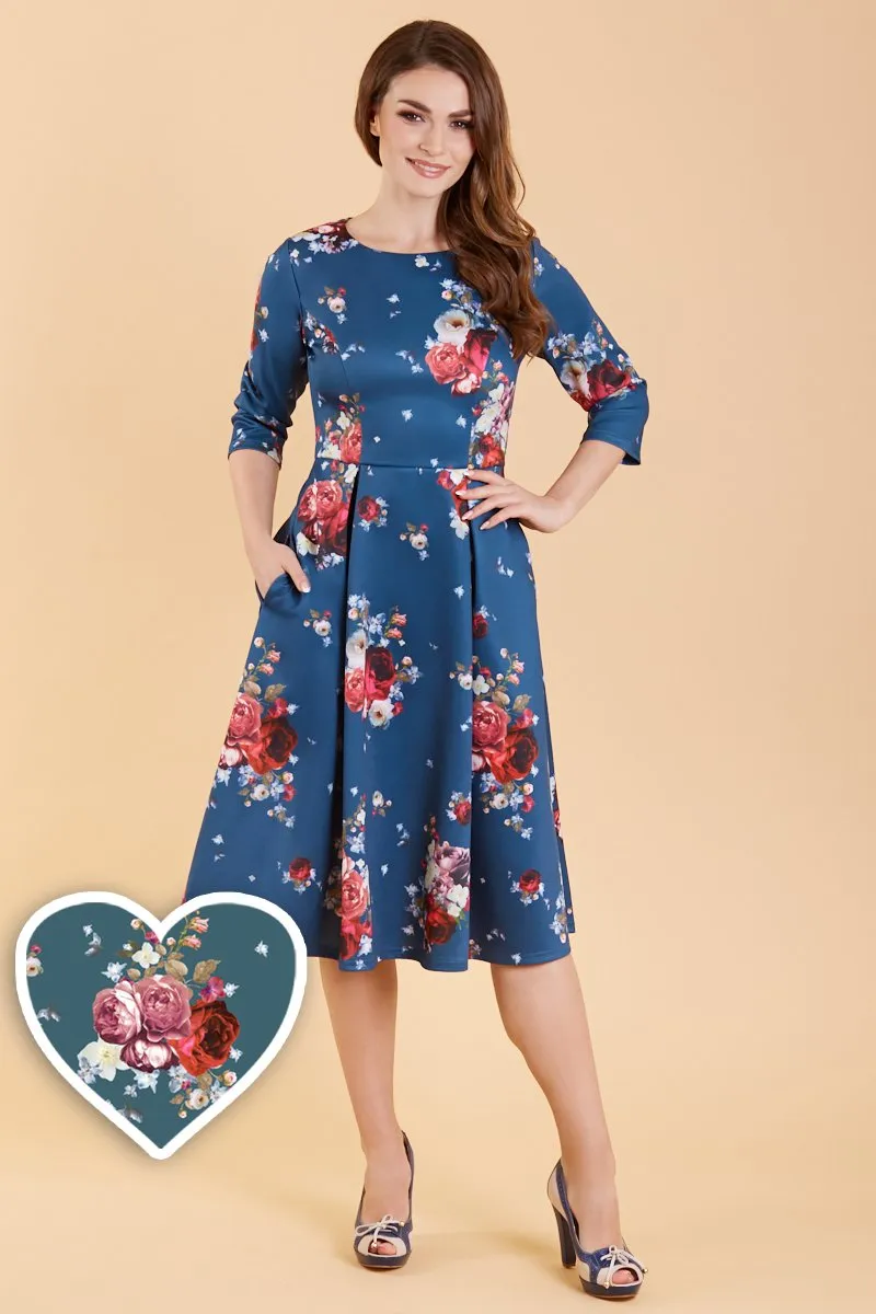 Beatrix Long Sleeved Navy & Red Floral Midi Dress