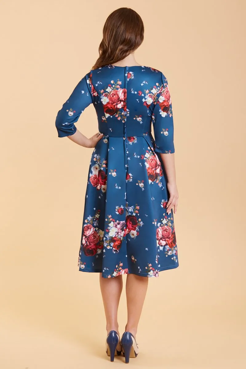 Beatrix Long Sleeved Navy & Red Floral Midi Dress