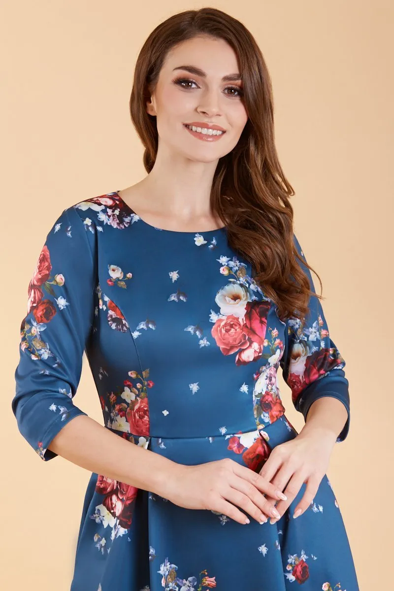 Beatrix Long Sleeved Navy & Red Floral Midi Dress