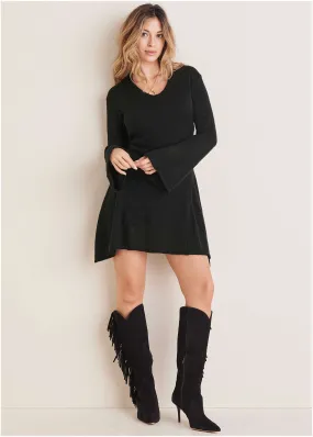 Bell Sleeve Sweater Dress - Black