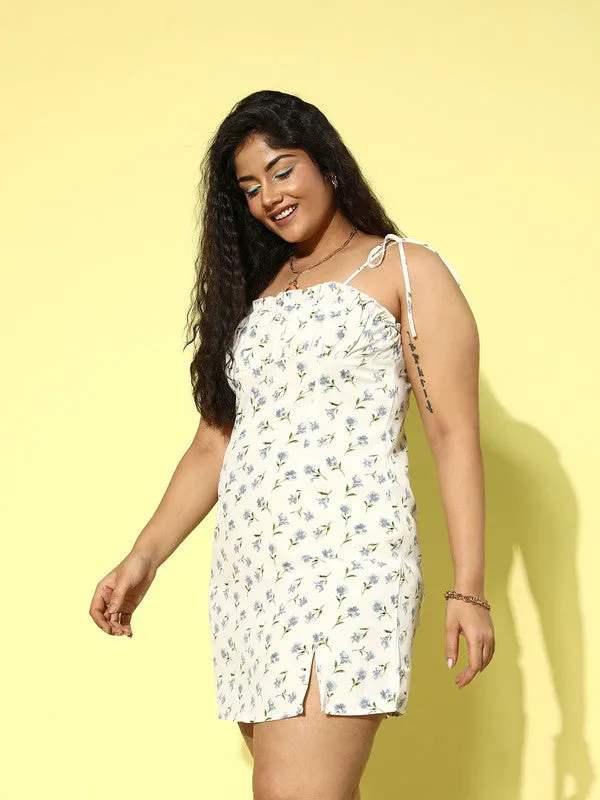 Berrylush Women Plus Size White & Blue Floral Printed Square Neck Crepe Side-Slit Pleated A-Line Mini Dress