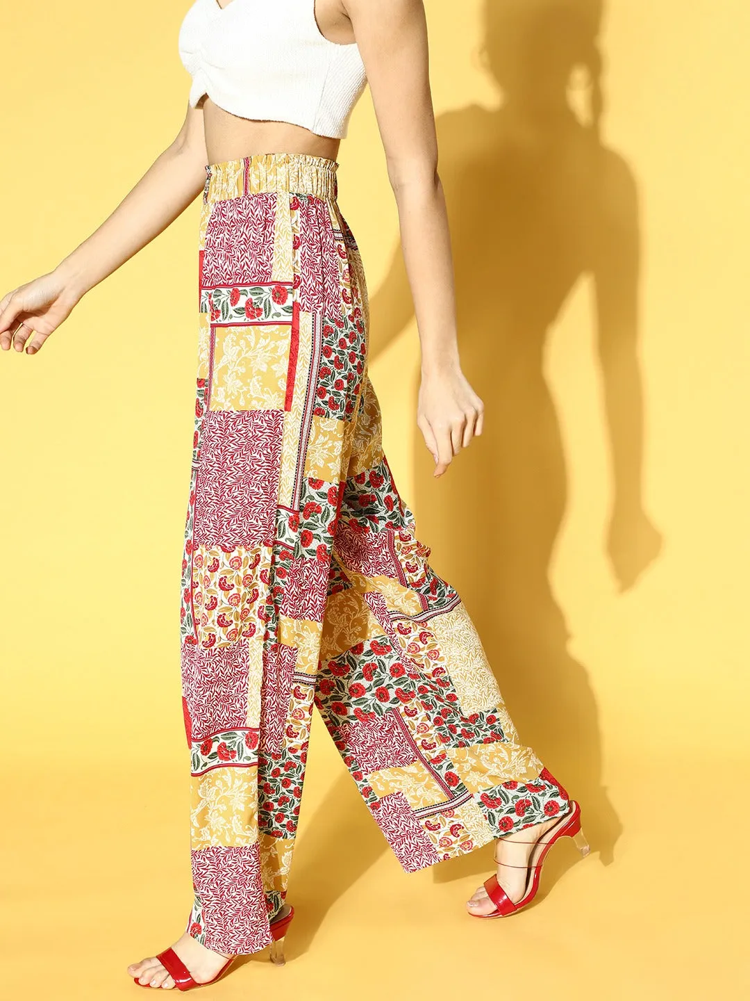 Berrylush Women Red & Yellow Ethnic Motifs Print Flare Fit High-Rise Waist Plain Trousers