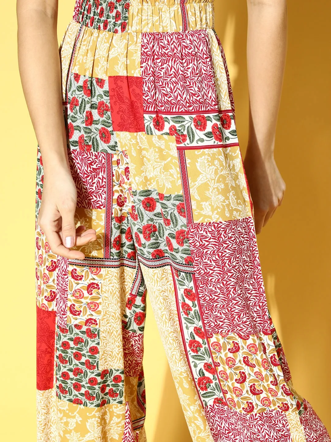 Berrylush Women Red & Yellow Ethnic Motifs Print Flare Fit High-Rise Waist Plain Trousers