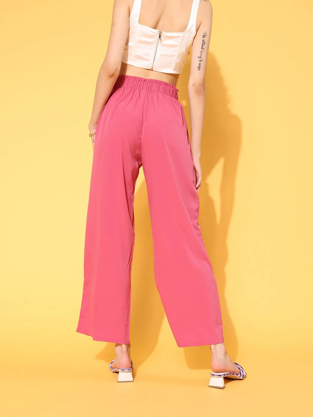 Berrylush Women Solid Pink High-Rise Waist Wide Leg Flared Trousers