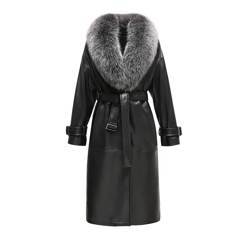 Black Genuine Sheepskin Leather Shearling Trench Coat with Fox Fur Collar for Women