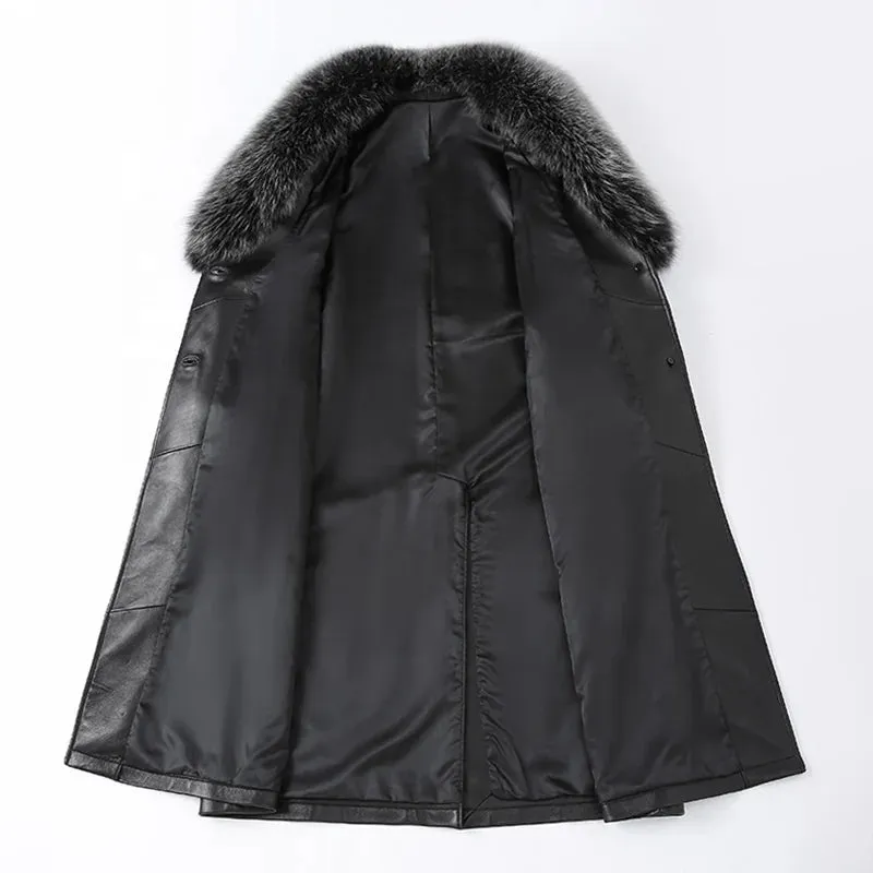 Black Genuine Sheepskin Leather Shearling Trench Coat with Fox Fur Collar for Women