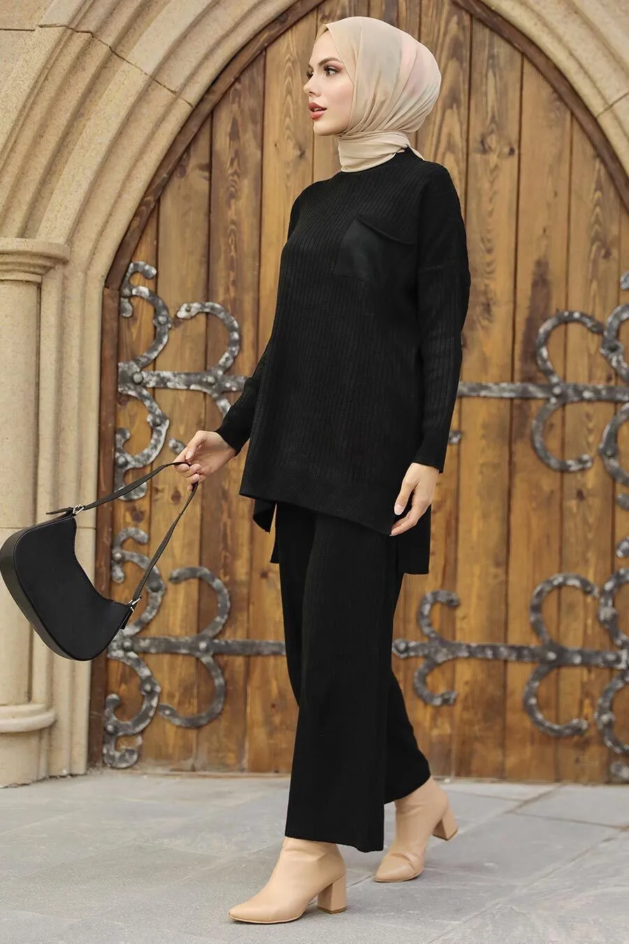 Black Ribbed Pocket Tunic and Pants Set