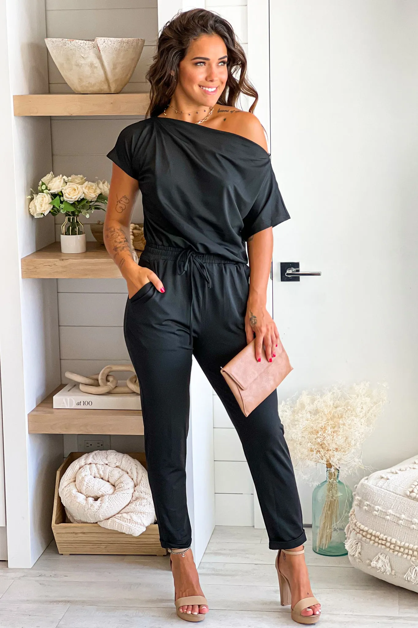 Black Short Sleeves Jumpsuit With Tie Waist