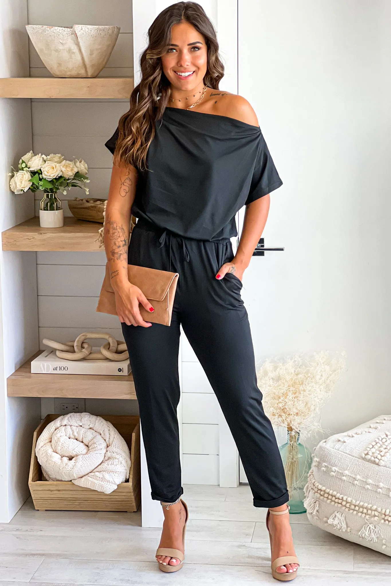 Black Short Sleeves Jumpsuit With Tie Waist