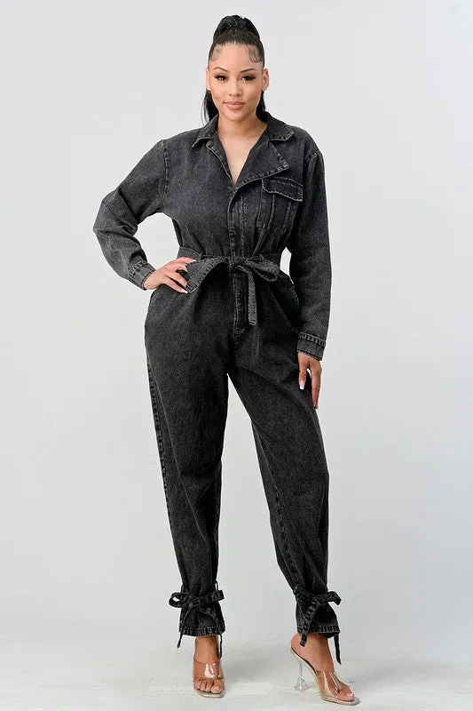 BLACK WASHED DENIM TIE DETAIL JUMPSUIT