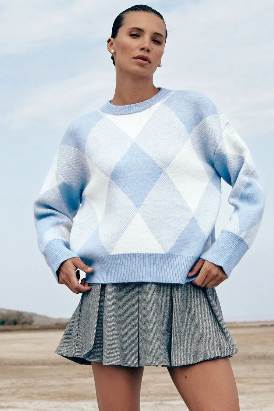 Blue Diamond Pattern Knit Sweater