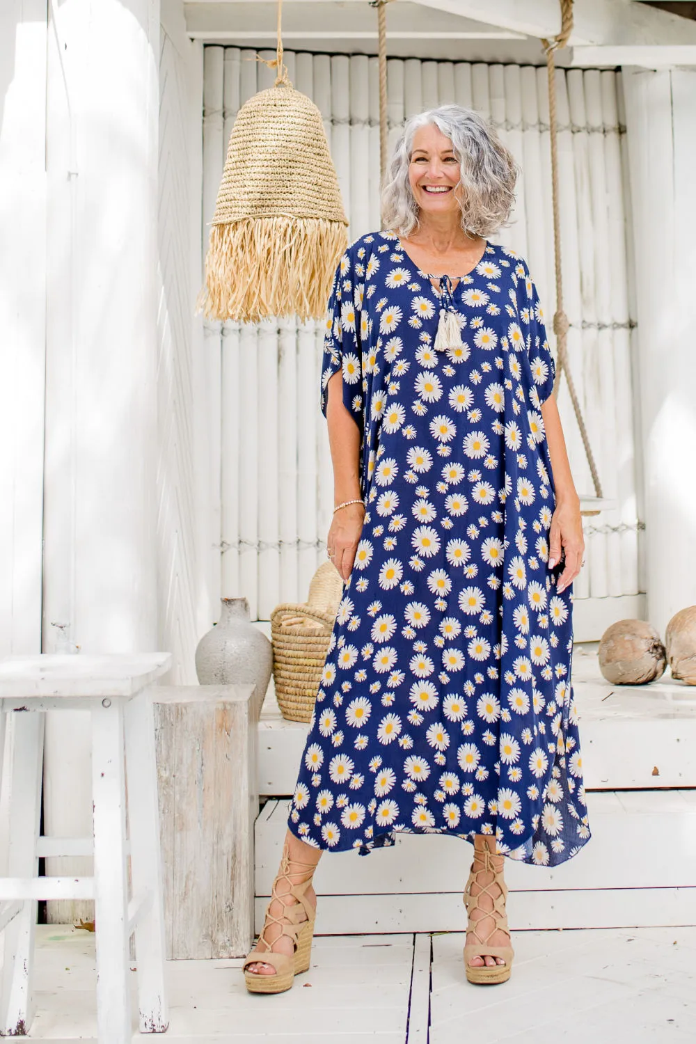 Blue Sunflower Long Kaftan Dress