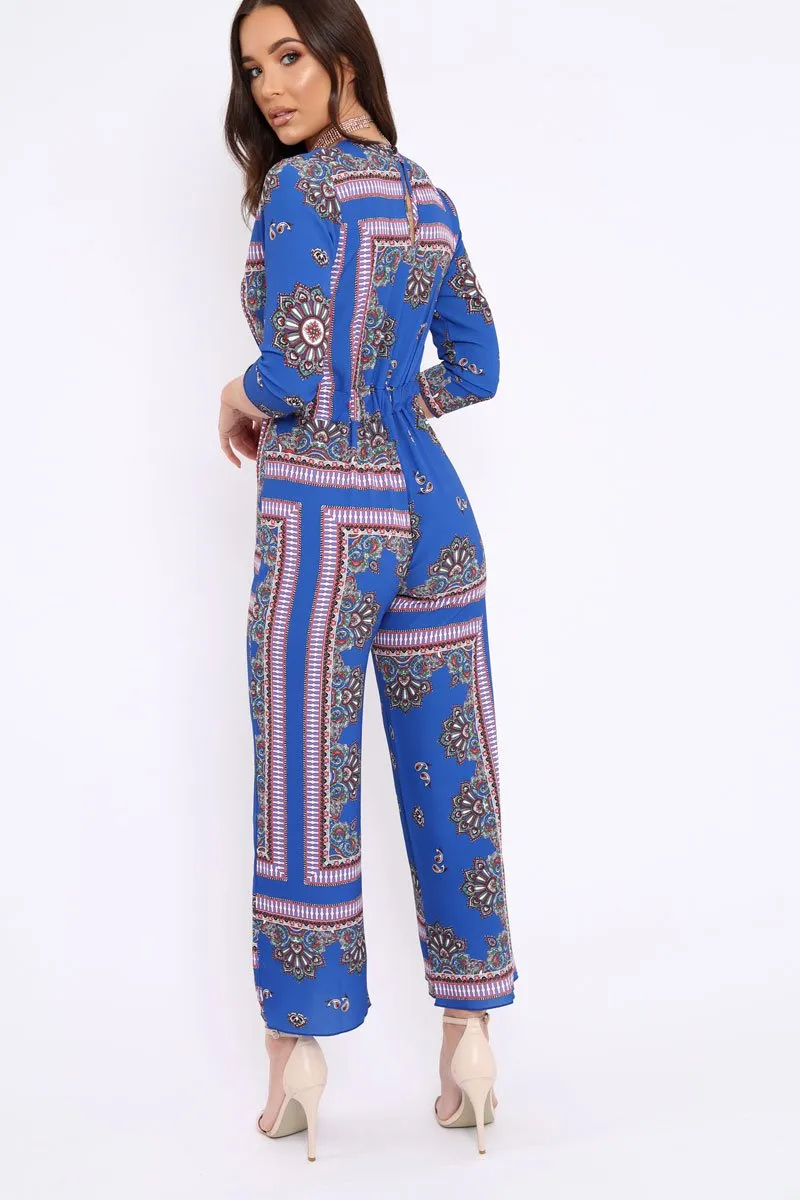 Blue V-Plunge Scarf Print Jumpsuit - Tyler