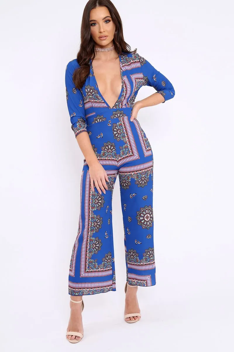 Blue V-Plunge Scarf Print Jumpsuit - Tyler