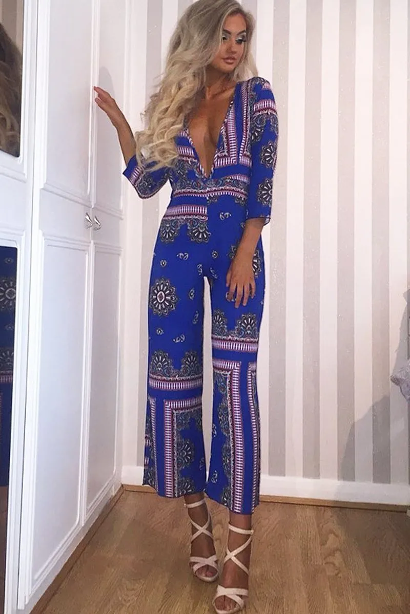 Blue V-Plunge Scarf Print Jumpsuit - Tyler