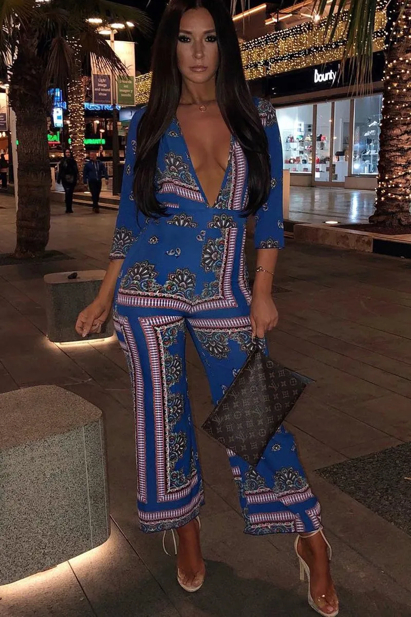 Blue V-Plunge Scarf Print Jumpsuit - Tyler