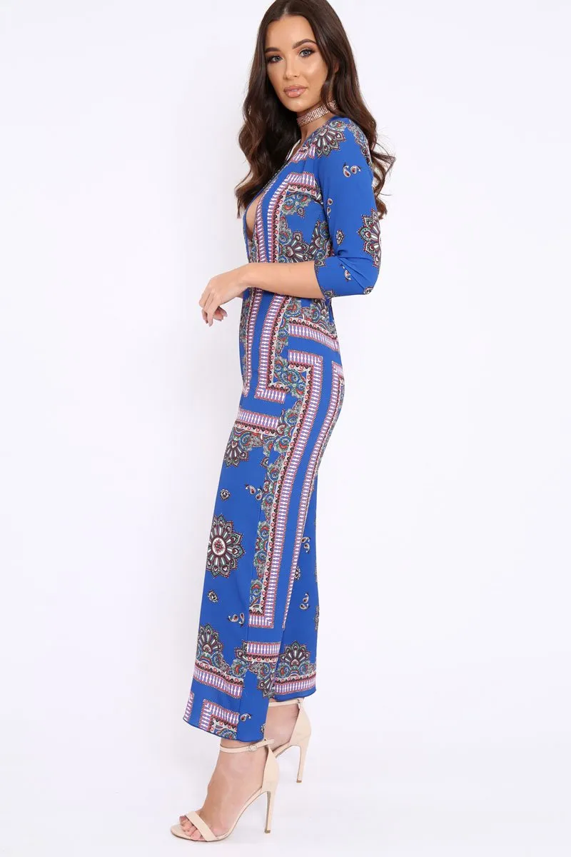 Blue V-Plunge Scarf Print Jumpsuit - Tyler