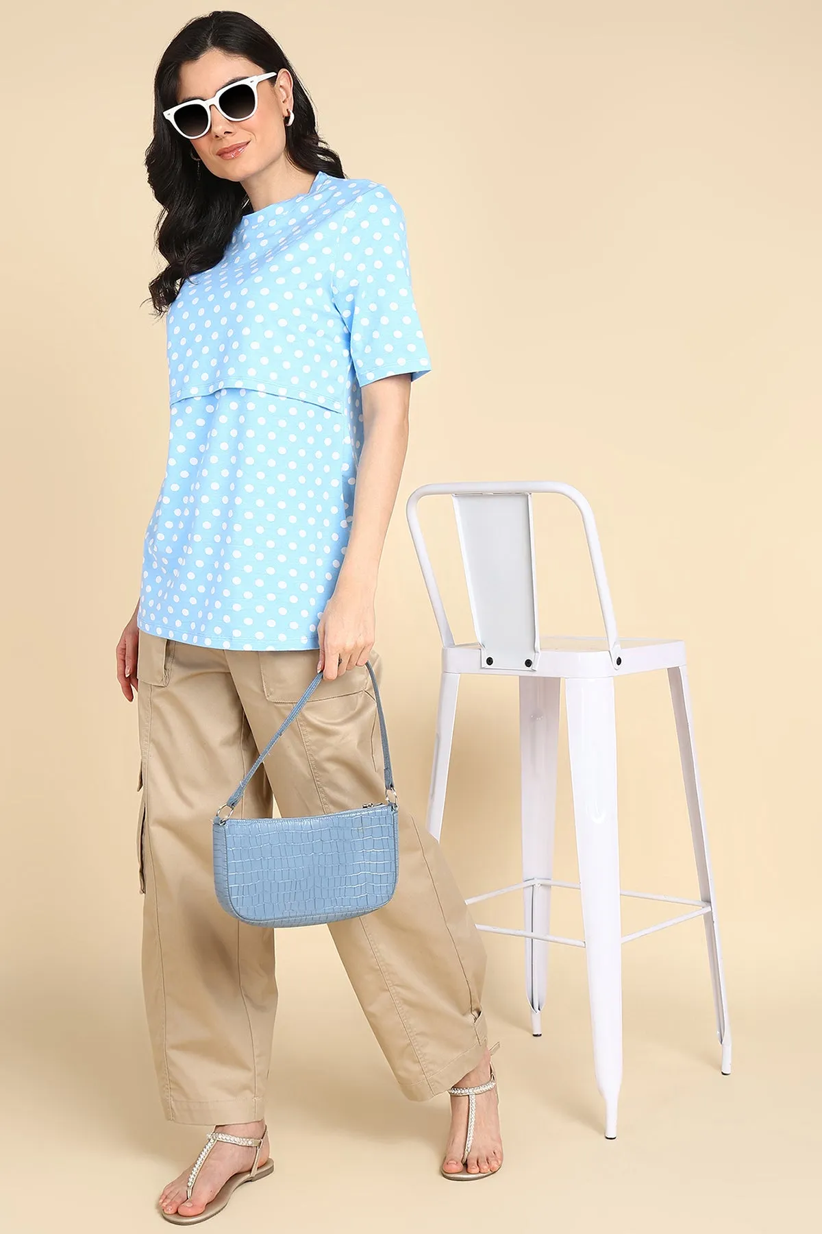 Blue with White Polka Dot Printed Zipless Maternity Feeding Top