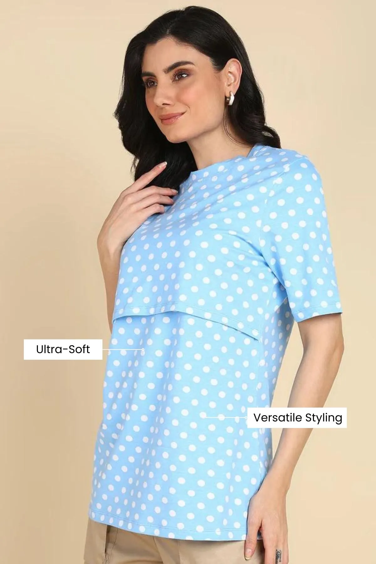 Blue with White Polka Dot Printed Zipless Maternity Feeding Top