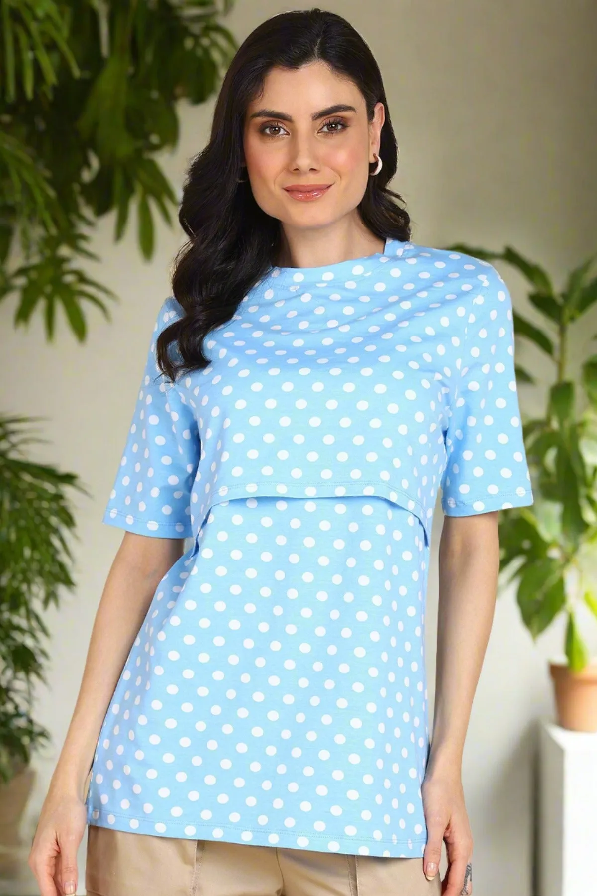 Blue with White Polka Dot Printed Zipless Maternity Feeding Top