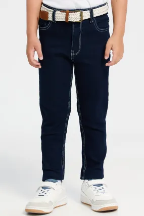 Boys Navy Belted 5 Pocket Jeans